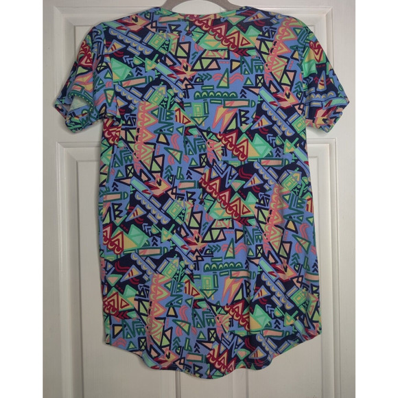 Lularoe Girls Gracie Top Blue Green Stretch Shapes High Low Short Sleeve 12 Nice - Picture 5 of 9